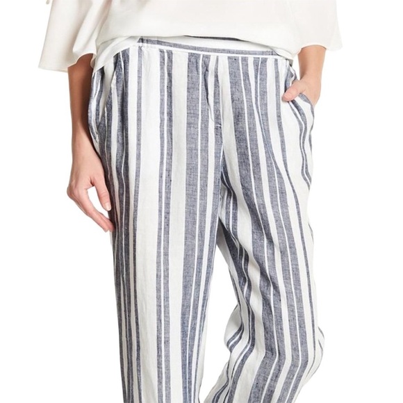 ELLEN TRACY Culotte Striped Hibiscus Linen Pants Cropped Black Size Medium - Picture 1 of 6